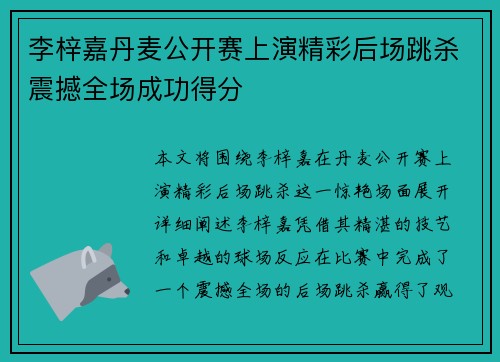 李梓嘉丹麦公开赛上演精彩后场跳杀震撼全场成功得分